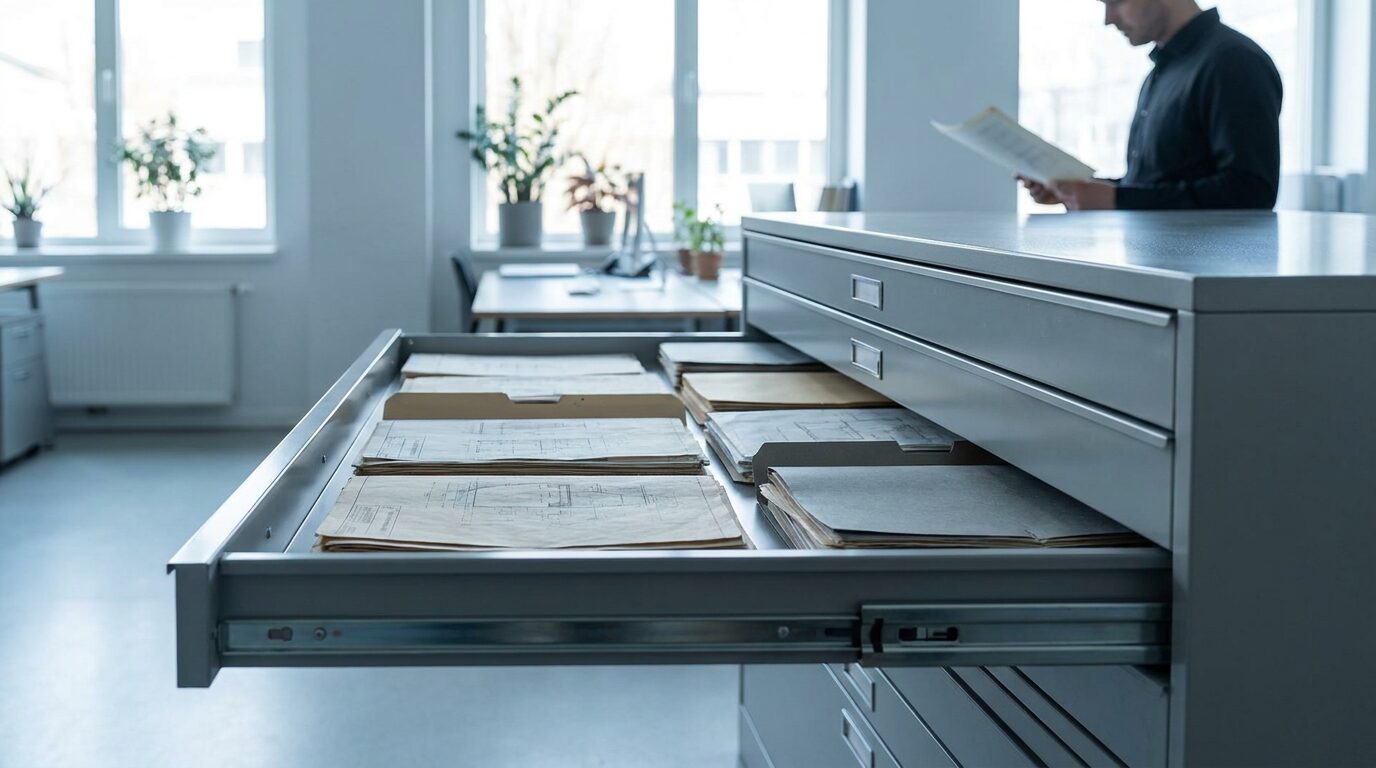 An open architect’s drawing cabinet with ordered technical drawings