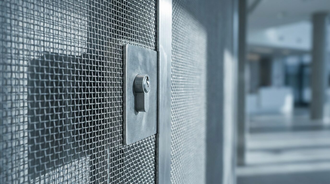 Close detail of a steel lock mechanism and layered mesh