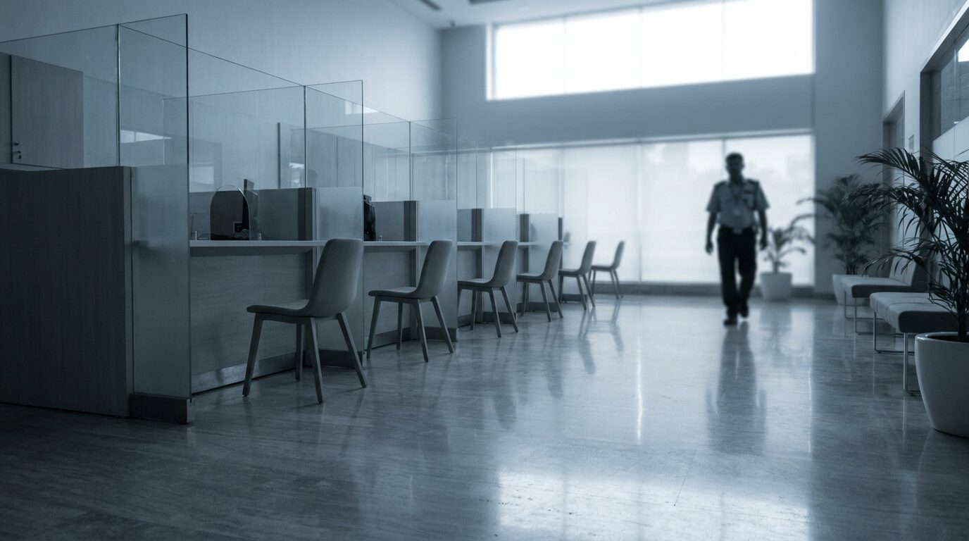 The empty interior of a modern Indian bank branch in the morning