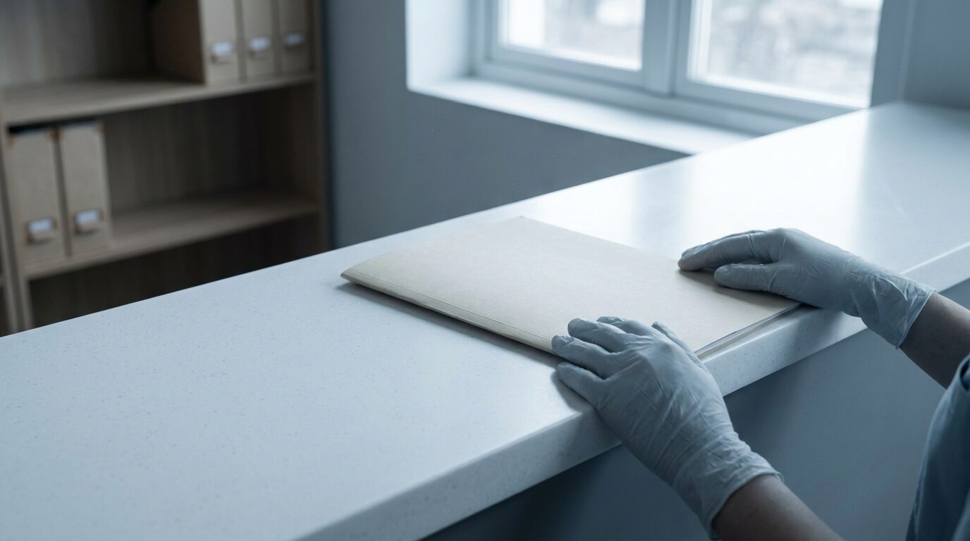 Gloved hands resting beside a closed patient folder on a hospital counter