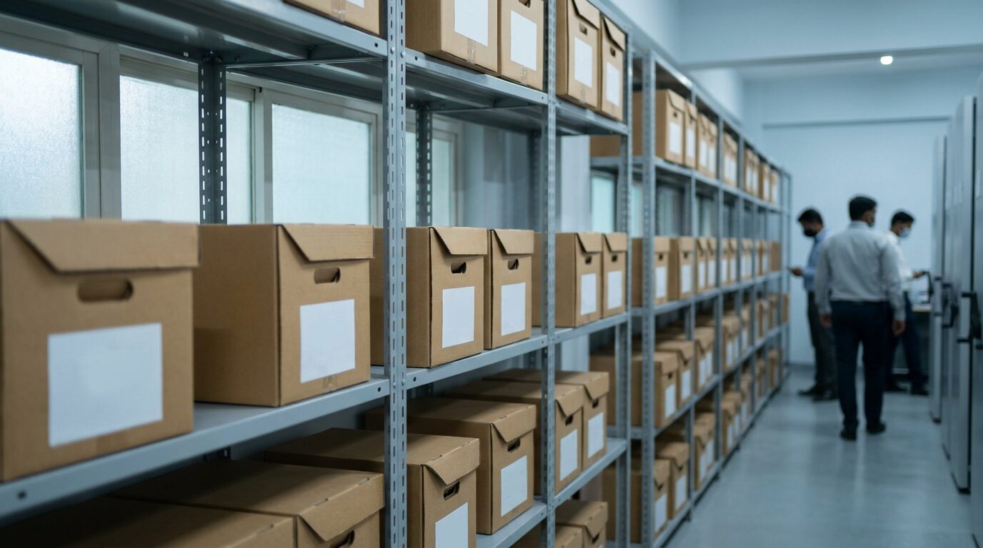 Archive storage boxes on steel shelving in a records room
