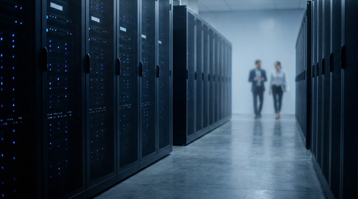 A cold aisle of server cabinets in a modern data centre