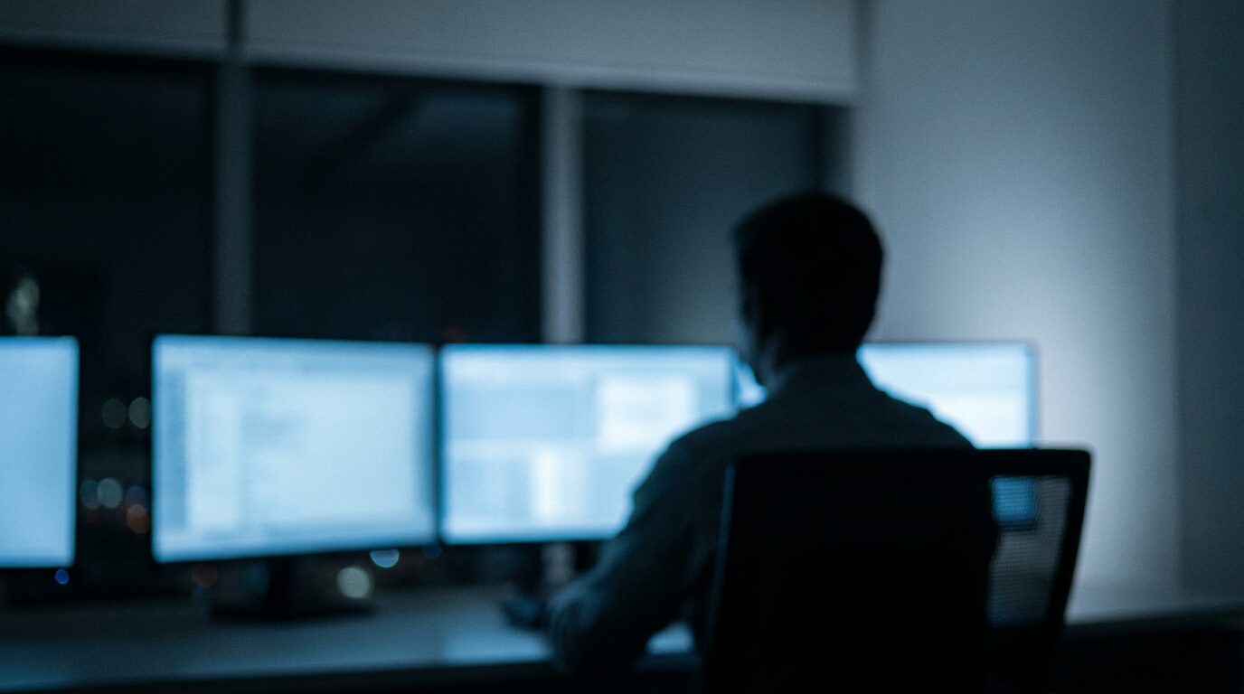 A security analyst at work in a darkened operations room